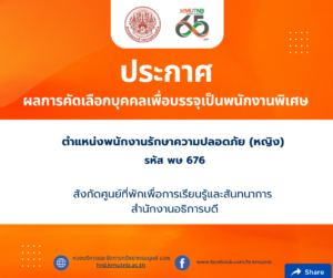 ผลการคัดเลือกบุคคลเพื่อบรรจุเป็นพนักงานพิเศษ ตำแหน่งพนักงานรักษาความปลอดภัย (หญิง) รหัส พษ 676 สังกัดศูนย์ที่พักเพื่อการเรียนรู้และสันทนาการ สำนักงานอธิการบดี